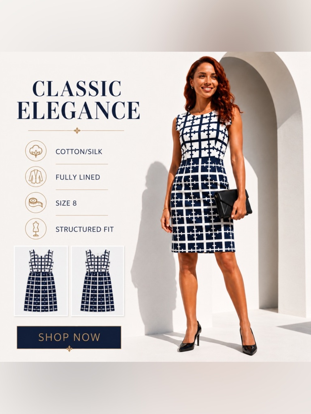 Elizabeth McKay Cotton Silk Navy White Geometric Sheath Dress Size 8 Made in USA - Picture 3 of 7